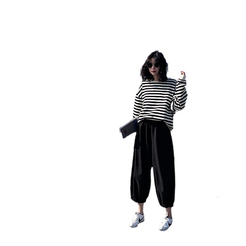 new Korean version early autumn striped long sleeved T-shirt women's top, student thin loose fitting hoodie for women