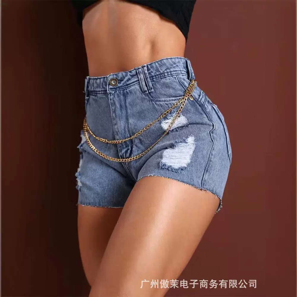 2023 New Fashionable Women's Clothing Chain Splicing Punched Tight Cowboy Shorts