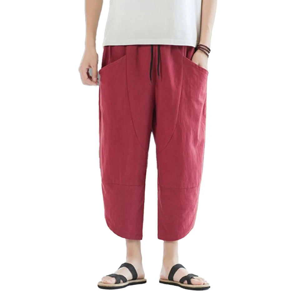 Men Cotton And Linen Pants Summer Thin Casual Beach Loose Shorts Harajuku Hip Hop Samurai Pant 240806