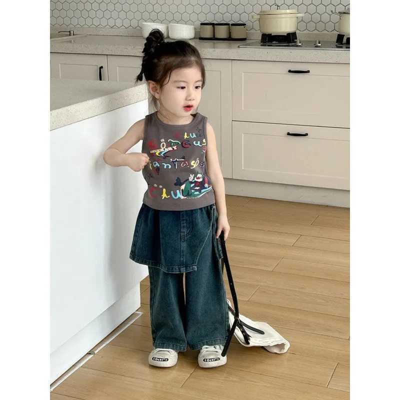 Jeans Girls Jeans Korean Straight Leg Trousers Boys Fake Two-piece Long Pants Girls Fashionable Handsome Kid Childrens Gray Culottes