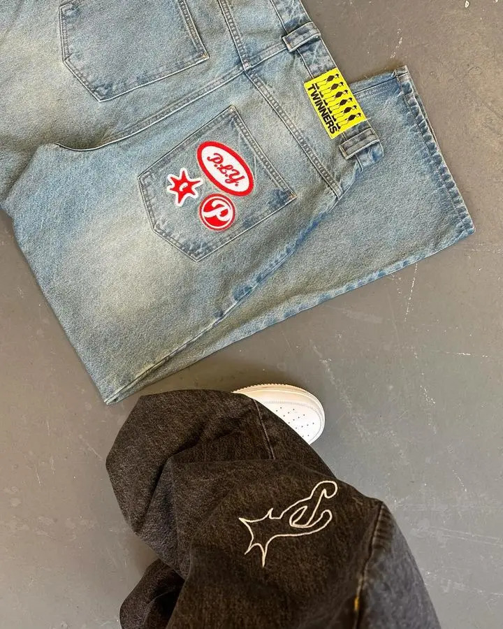 PROTECT Jeans Y2K Harajuku Hip Hop Graphic Oversized Retro Blue Baggy Jeans Mens Womens High Waist Wide Leg Trouser