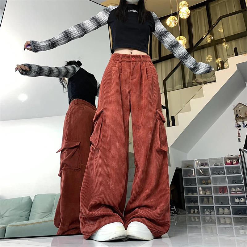 Womens Corduroy Pants Baggy Y2k 90s Streetwear Oversize Wide Leg Oversize Pants Vintage Harajuku High Waist Trousers Clothes 240807