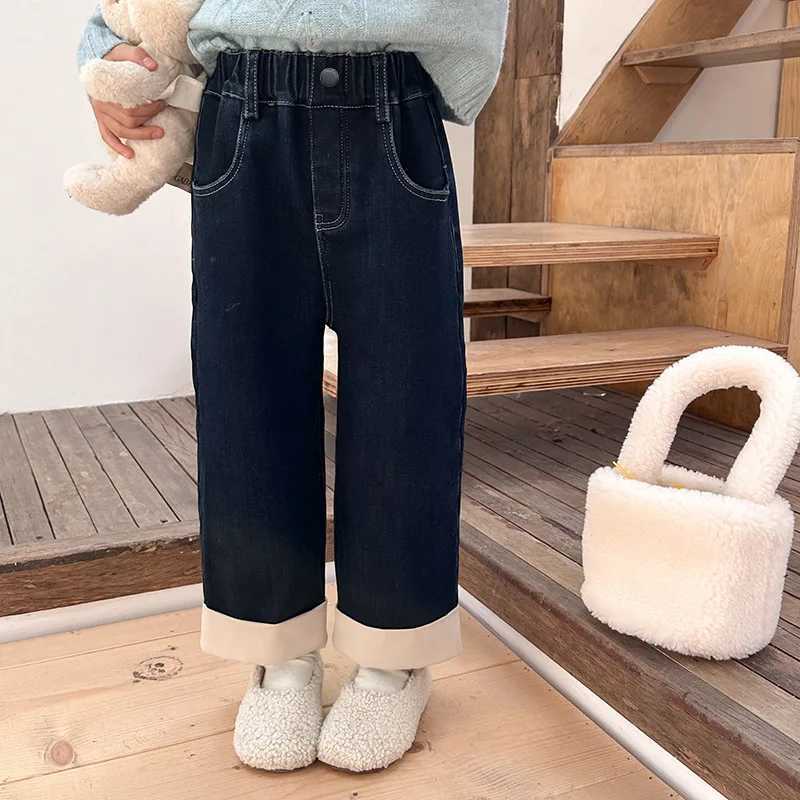 Jeans Winter Girls fashion Cuffed denim pants fleece inner warm thick jeans