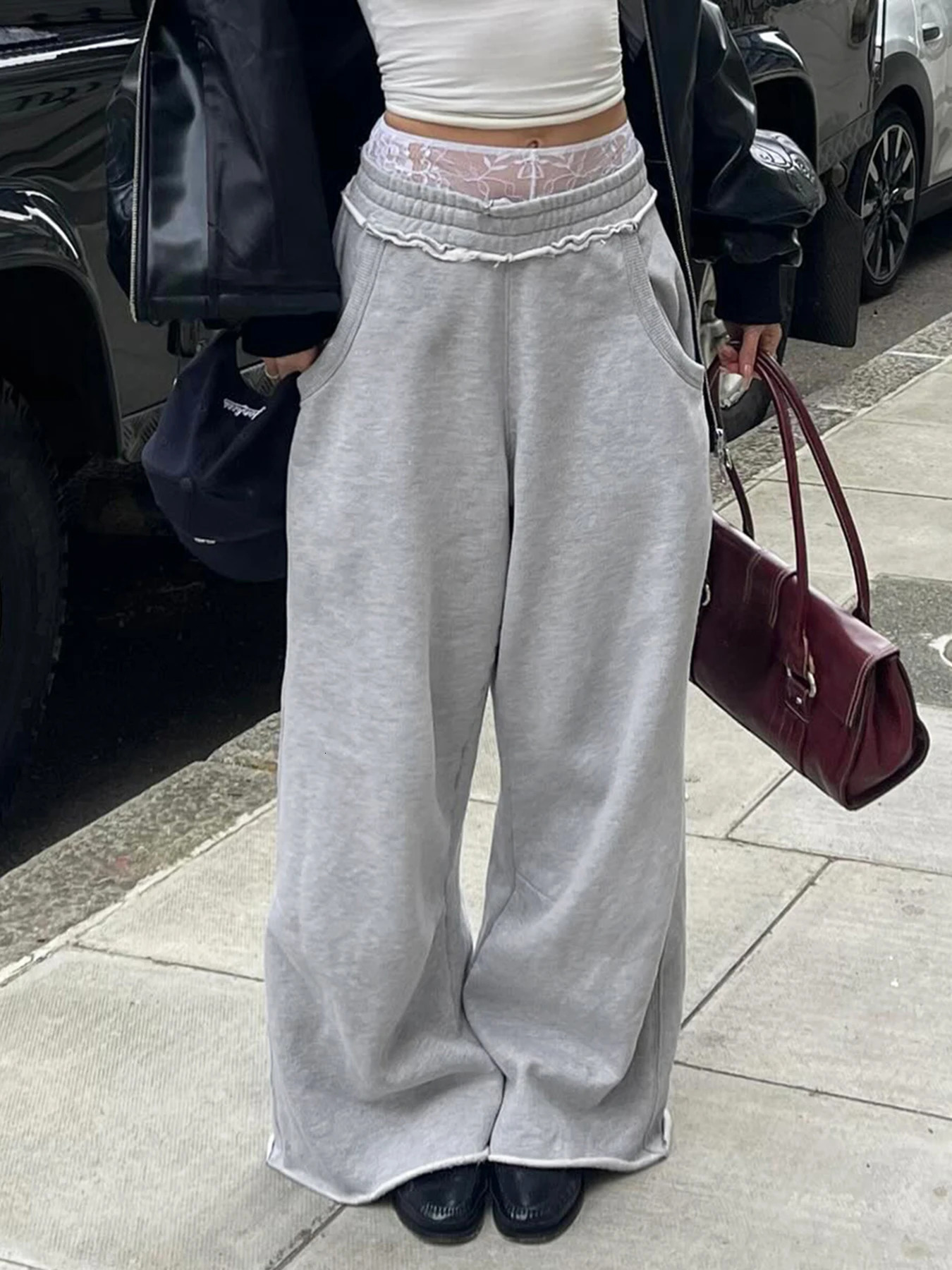 Weekeep Baggy Grey Sweatpants Stitching Pockets Elastic Low Rise Casual Straight Pants y2k Street Style Women Trousers Harajuku Z260314