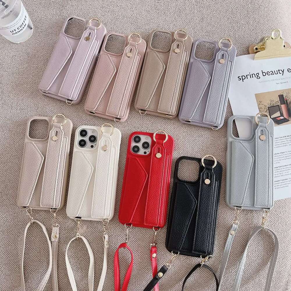 Ring Crossbody Wrist Strap Wallet Leather Cover for IPhone 15 14 13 12 11 Pro Max Phone Case with Card Slot Holder Lanyard