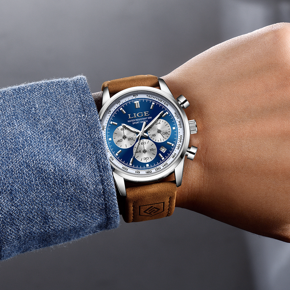 LIGE Luxury Mens Watches High Quality Waterproof Chronograph Luminous Man Wristwatch Leather Men Quartz Watch Casual