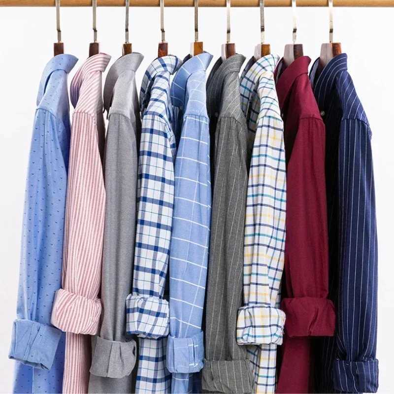Oxford Men Fashion 100% Cotton Thin Long Sleeve Casual Slim Solid Color Plaid Print Stripe Formal Dress Shirt Plus 7XL 6XLM240807