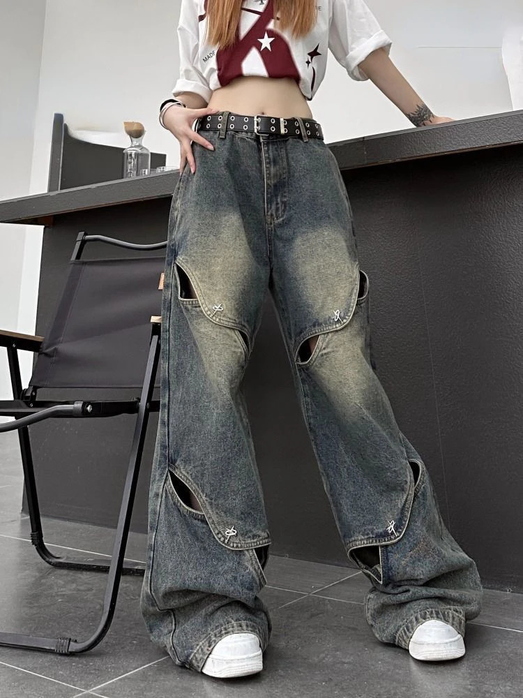 Men And Women Ragged Pants Splicing Washed Hollow Jeans Y2K American Retro Gothic Punk Style Loose Casual Wideleg 240806