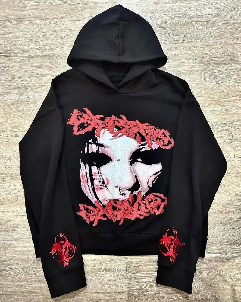 Geometric Pattern Embroidery Splicing Hoodies Women Sweatshirt Gothic Y2k Youth Simple Daily Loose Casual Men Version Tops 240809