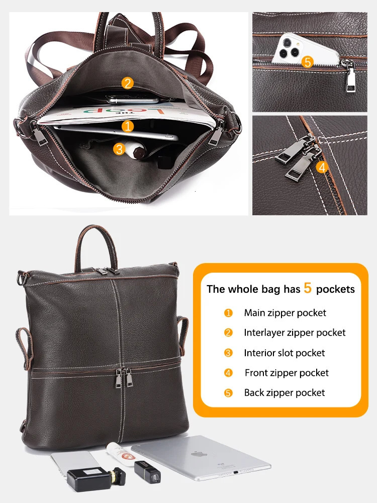 Zency Womens Fashion Genuine Leather Backpack Travel Knapsack Large Capacity Rucksack Suitable for iPad A4 Books School Shoulder Bag Sac 240807