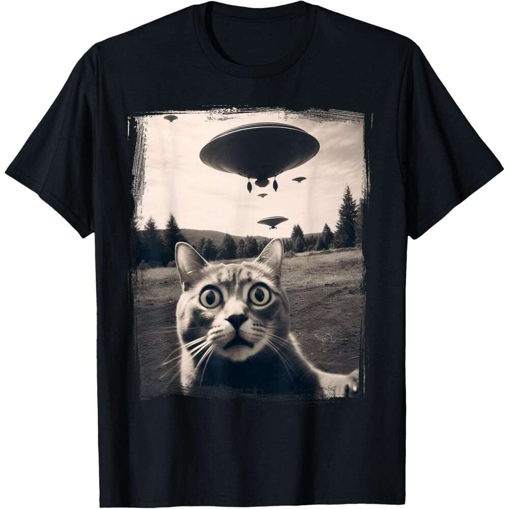 Mens T shirt Selfie Alien Invasion Meme Funny Kitten Cute Cat T-Shirt shirts tshirt graphic tee Casual tops clothes Short sleeve