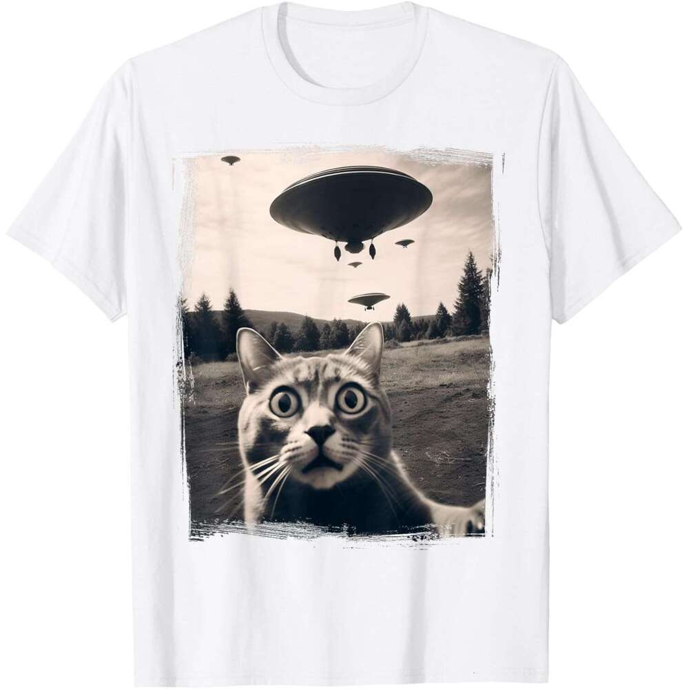 Mens T shirt Selfie Alien Invasion Meme Funny Kitten Cute Cat T-Shirt shirts tshirt graphic tee Casual tops clothes Short sleeve
