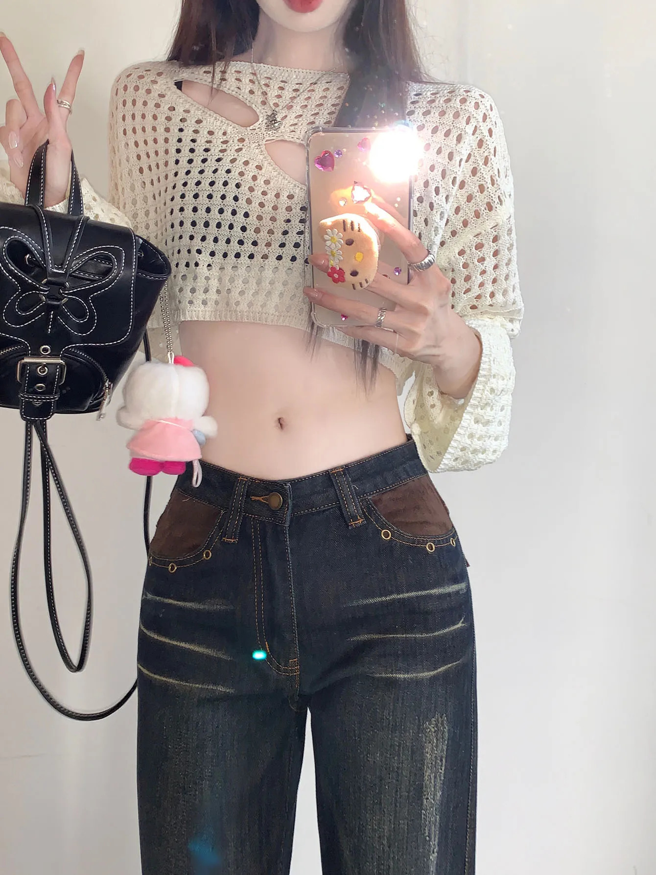 ReddaChic Cowgirl Splicing Flare Jeans Vintage Blue Denim Bell Bottoms Grunge Y2k Bootcut Pants 90s Retro Harajuku Streetwear 240807