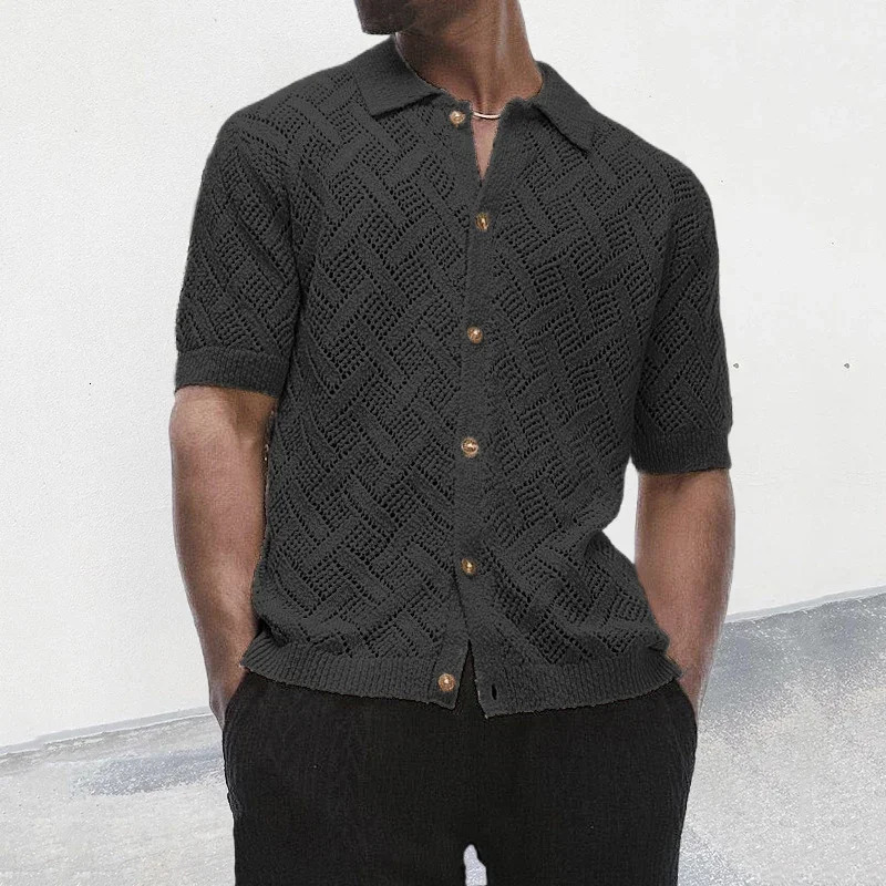 Beach casual breathable knitted shirt mens summer button up collar short sleeved cardigan hollow 240807