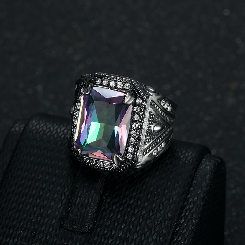 Retro Punk Casting Ring Iced Colorful Rhinestone Titanium Steel Mens Jewelry