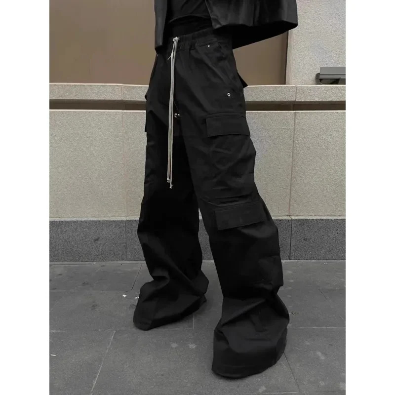 Urban Chic Black Cargo Pants Wide Leg Drawstring Trousers For Stylish Men And Women High Street Fashion Deeptown B4