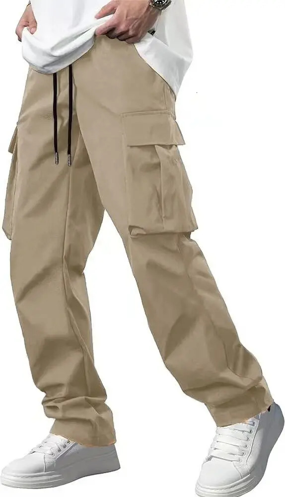 American style high street multi pocket workwear pants for mens trendy loose straight leg versatile casual long 240806