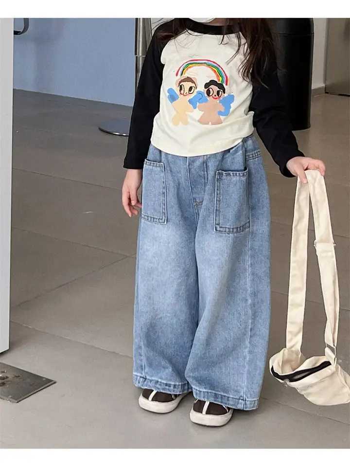 Jeans Spring and Autumn Childrens Pocket Wide Leg Jeans Contrast Loose Relaxed Pants for Boys and Girls Jeans Baby Kids Trousers