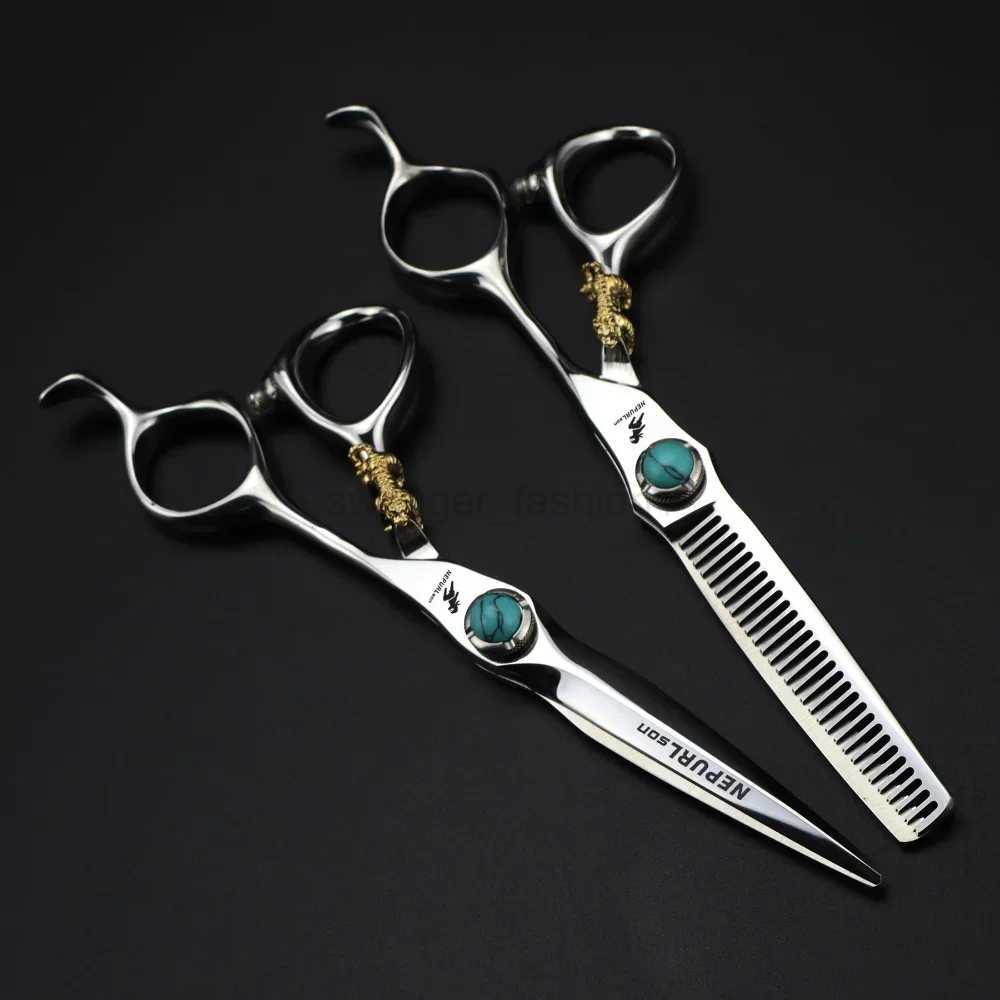 Professional 440c steel 6 green gem hair scissors cutting barber tools Tiger haircut thinning shears hairdresser scissorsXJ240807