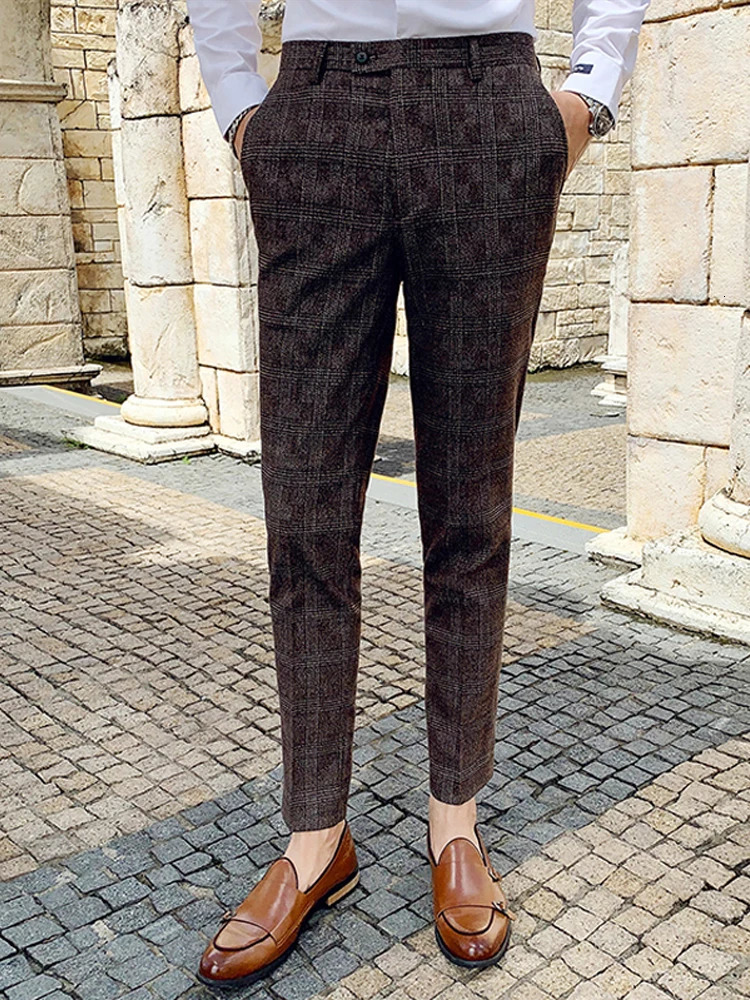Boutique Classic Plaid and Striped Fashion Mens Casual Business Slim Suit Pants Groom Wedding Dress Trousers Party 240806