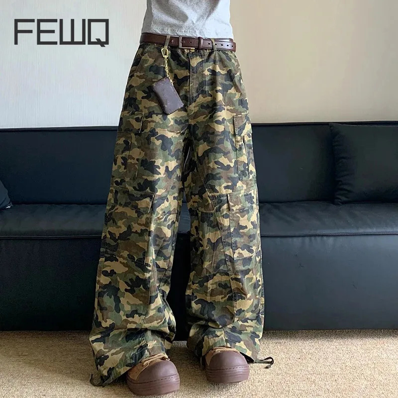 FEWQ American Camouflage Workwear Pants Mens Loose Straight Leg Wide Casual Large Pockets Male Trousers 24E1427 240806
