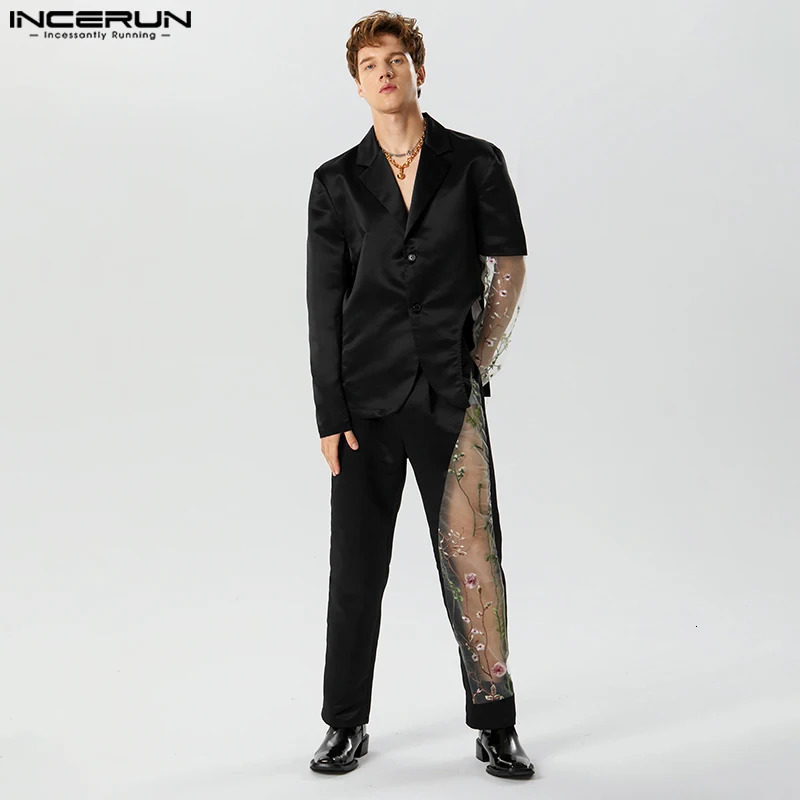 INCERUN Fashion Well Fitting Mens Sets Long Sleeved Suit Jackets Pants Patchwork Lace Flower Hollowed Two-piece Sets S-5XL 2024 240813