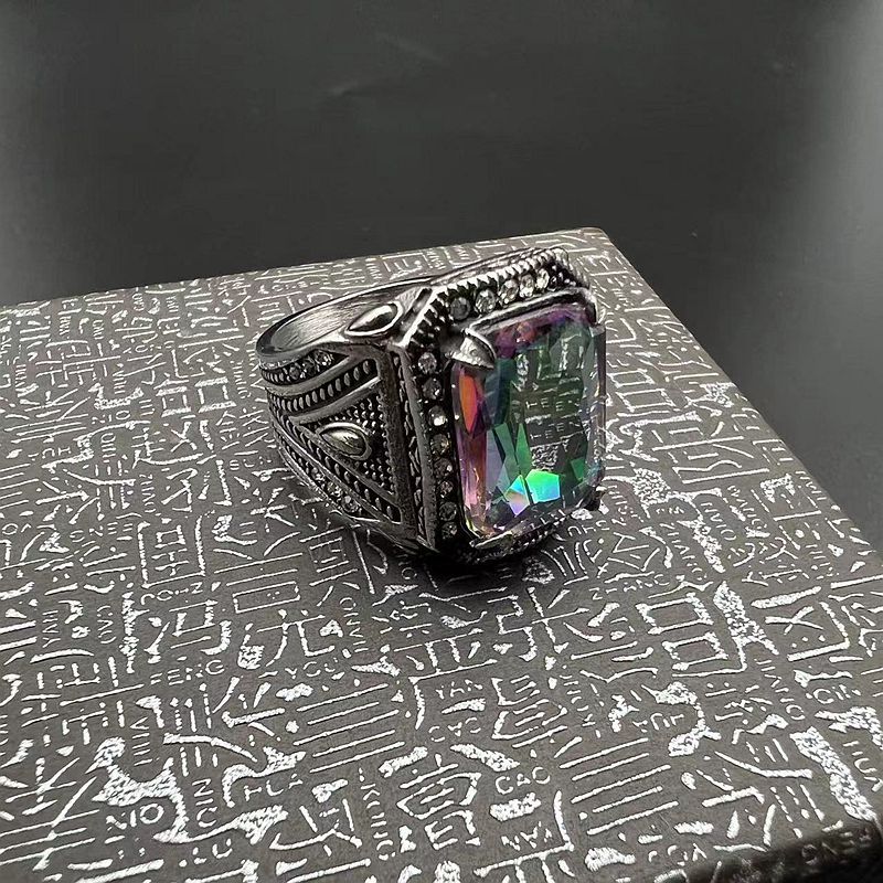 Retro Punk Casting Ring Iced Colorful Rhinestone Titanium Steel Mens Jewelry