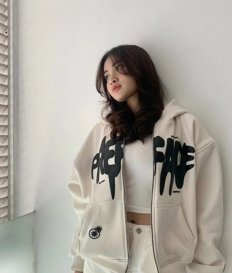 American Letter Star Print Zipper Hoodie Y2K Men and Women Retro Streetwear Loose Fashion Street Couple Casual Jacket 240806