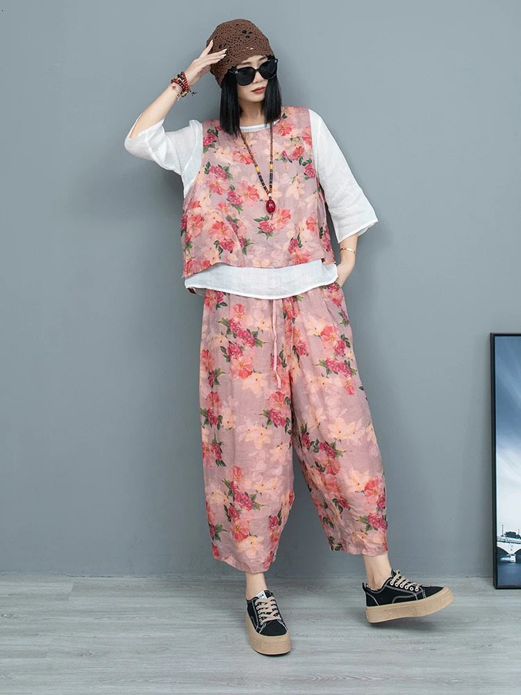Chinese Style Floral Ramie Round Neck Vest Pant Two-piece Set Women Summer Lightweight Cool Fashion Pant Set ZF098 240807