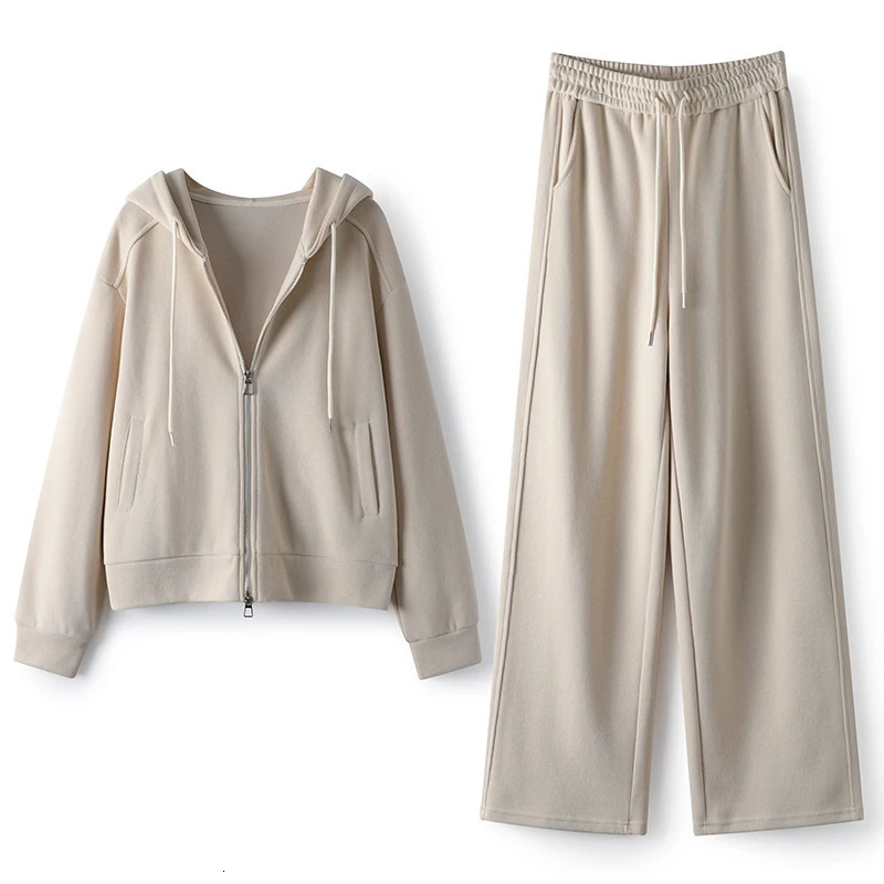 Autumn and Winter solid Womens hoodie casual sports suit Womens loose floor sweeping Wide-leg pants two-piece suit 240807