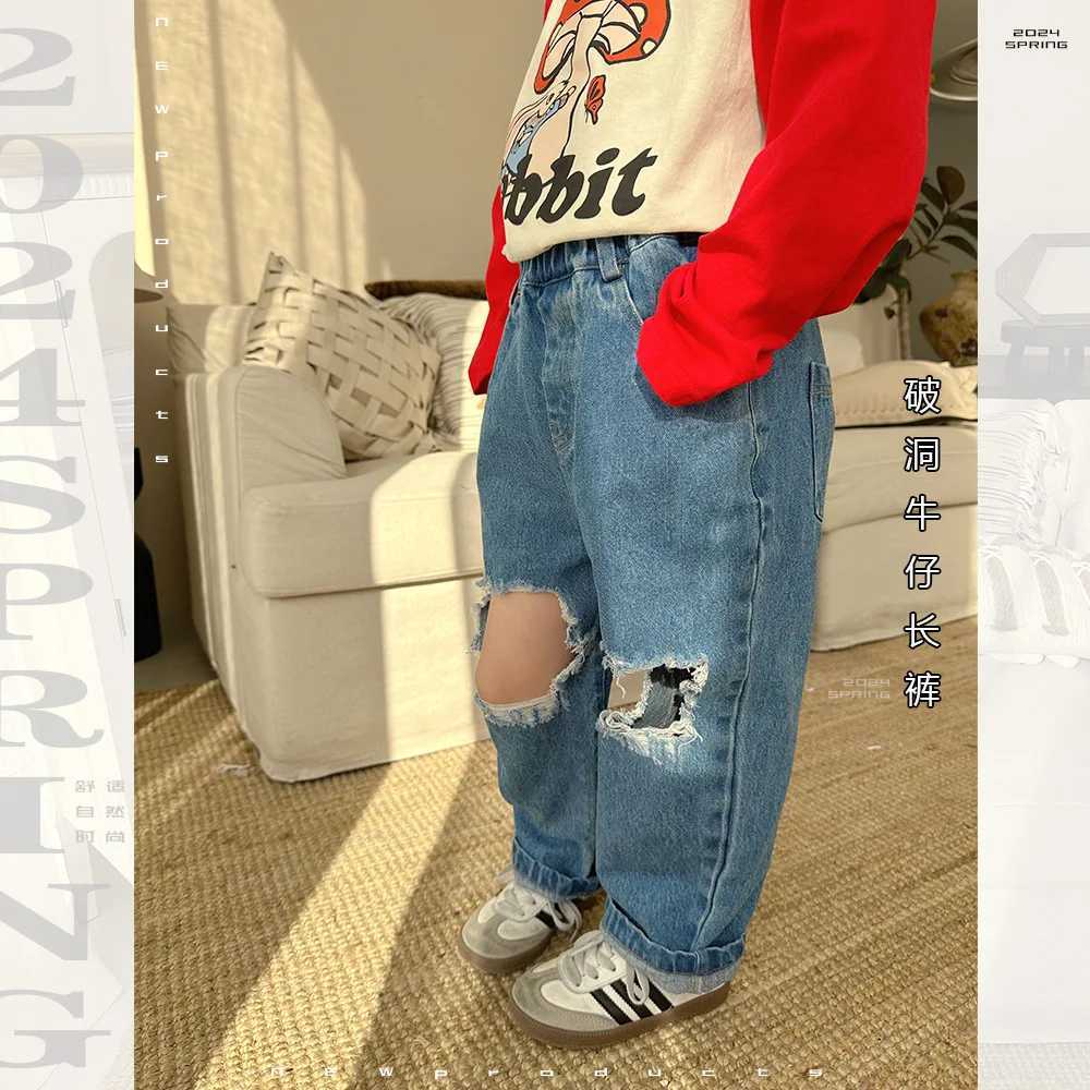 Jeans Spring Children fashion ripped jeans Kids all-match casual denim pants Hip hop style