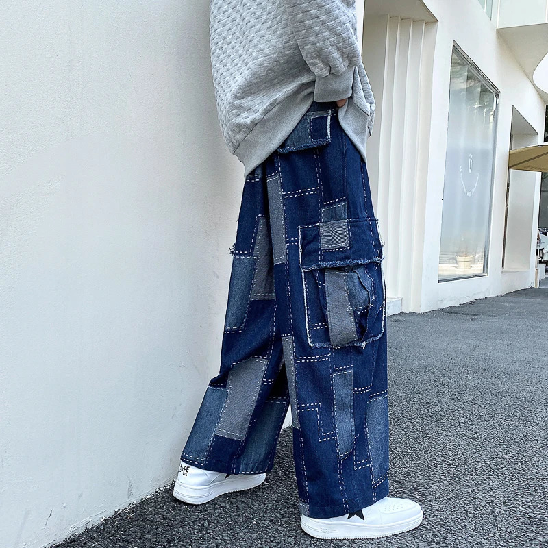 Korean fashion loose wide leg jeans mens hip-hop mens denim harem straight pants freight denim jeans street bag casual denim240806
