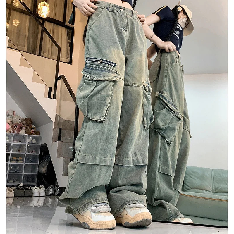 Woman Harajuku Y2k 90s Aesthetic Wide Leg Jeans Female 2000s Vintage Clothes Cargo Pants Lady Gothic Baggy Blue Denim Trousers 240807
