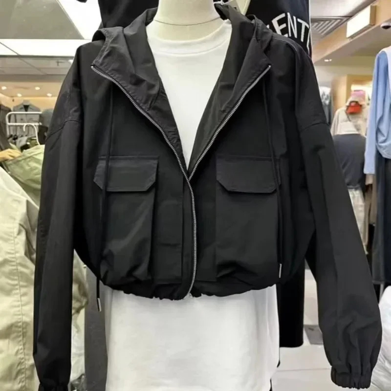 Korean Fashion Harajuku Cropped Jacket Women Windbreaker Hooded Zip-up Coat Autumn Clothes Y2k Vintage Streetwear Outwear 240807