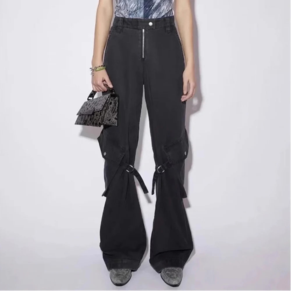 Locomotive Style Tie Washed Baggy Cargo Pants Men and Women Streetwear Y2k Pantalones Hombre Black Overalls Oversized Trousers 240806