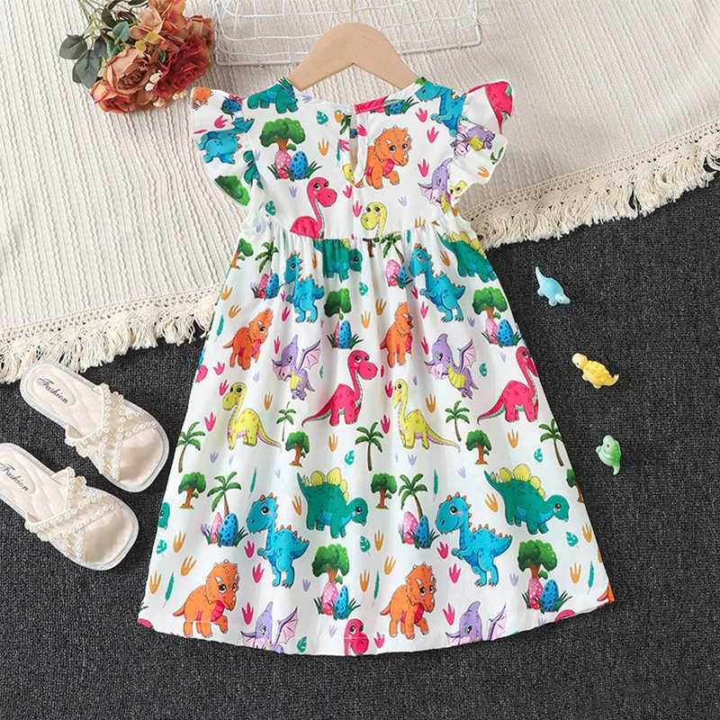 1-6 Year Old Preschool Girl Dinosaur Dress with Folded Sleeves Sundress Little Girl A-Line Summer Soft Dress Casual Fashion SetW240720