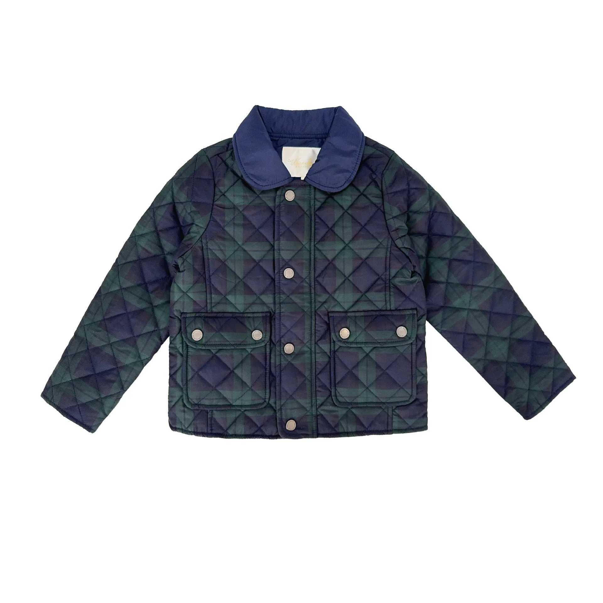 2024 childrens green checkered lapel thin cotton-padded jacket for boys and girls gender-neutral clip cotton-padded jacket Y240803