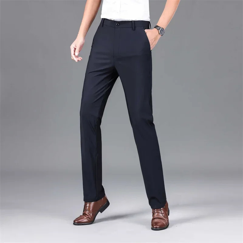 Summer Men Elastic Straight Business Suit Pants Thin Long Office Trousers Designer High Quality Ice Silk Ultra 240806