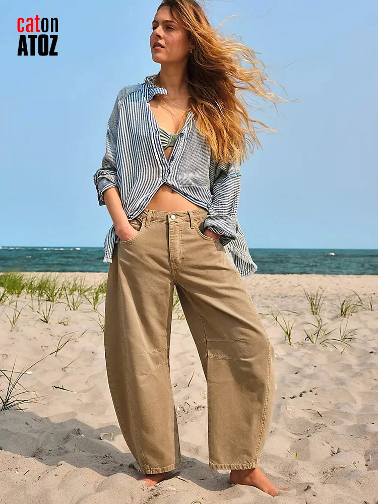 Womens Barrel Jeans Fashion Khaki Relaxed Harem Denim Slouchy Pants Female Casual White Black Cropped Baggy Jeans 3094 240807