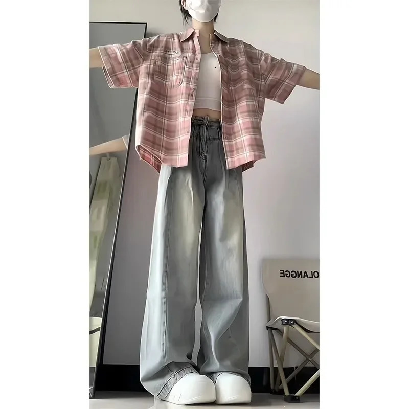 Autumn American Retro Sagging Jeans for Women Autumn High Waist Slim Fit Loose High Street Straight Wide-leg Pants 240807