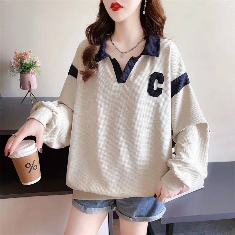 Autumn and Winter Wons Pullover Turn Down Collar Patchwork Embroidery Fashion Casual Elegant Long Sleeve Hoodies 240806