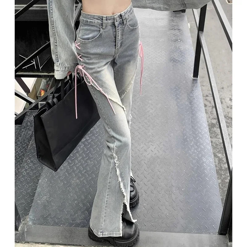 Woman High Waist Y2k Flare Jeans Girls Pink Strap Harajuku Bell Bottom Pants Lady Fashion Spliced Light Blue Denim Trousers 240807