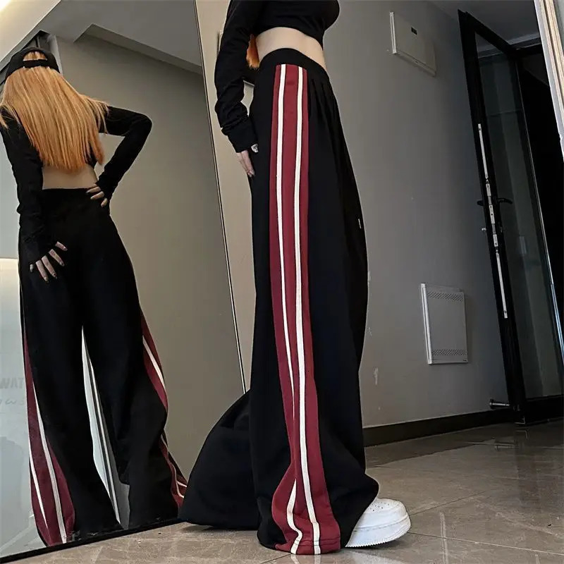 Summer High Street American Casual Pants Women Korean Version Loose Fitting Stripe Print Drawstring Patchwork Pockets Trousers 240807