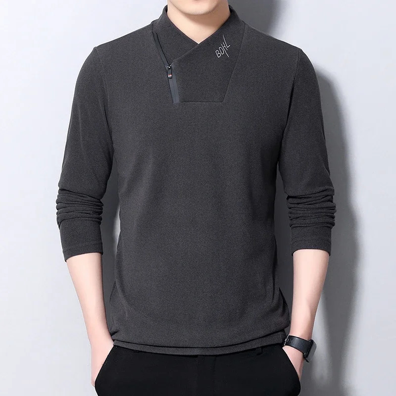 Mens Casual Suede Long Sleeve Polo Shirt Fashion Solid Polo Top 240814