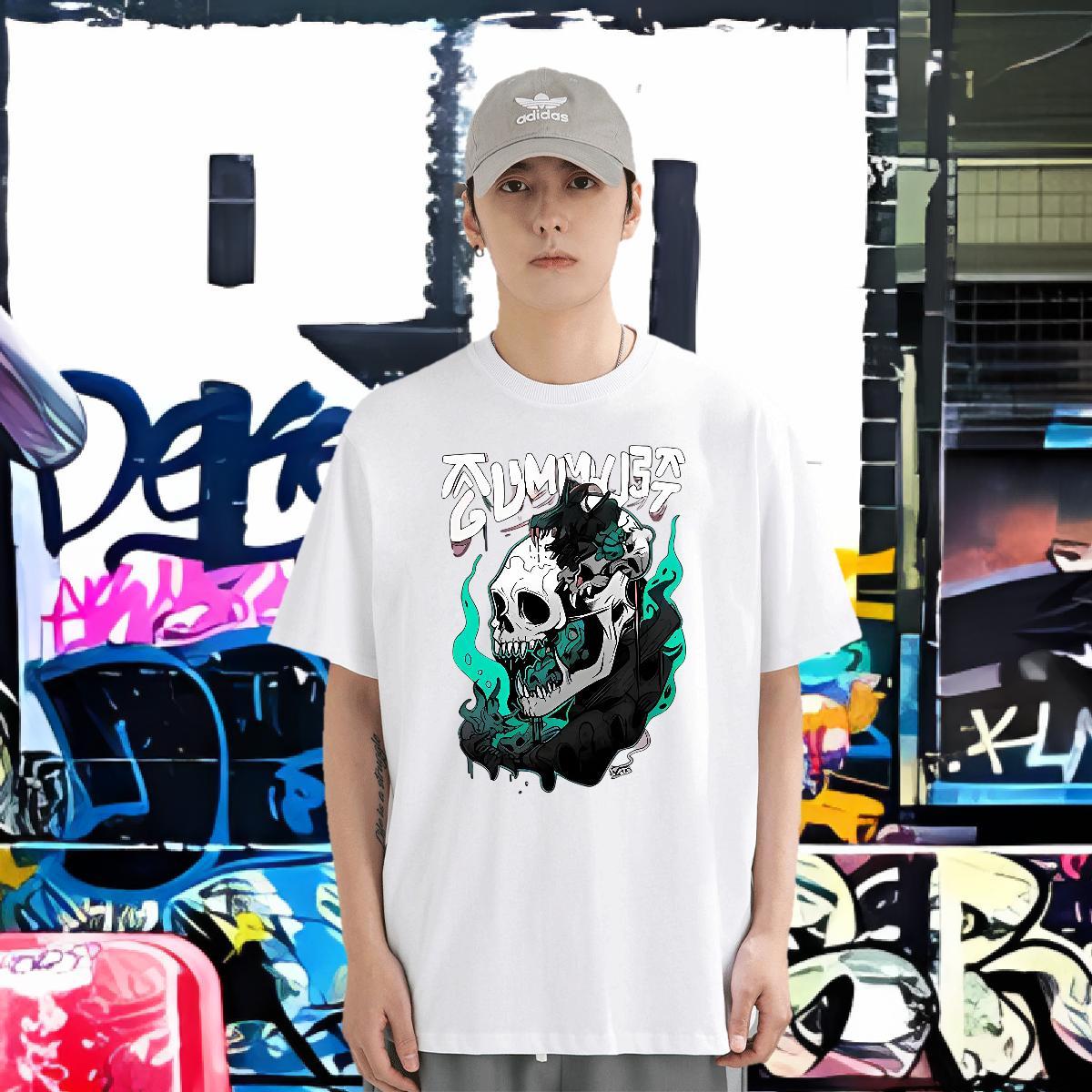 Brand T-Shirts for Men skull Tops Shirt 230g Pure Cotton Casual Daily Wear Cool Customized Print Crew Neck Men Tops Tees