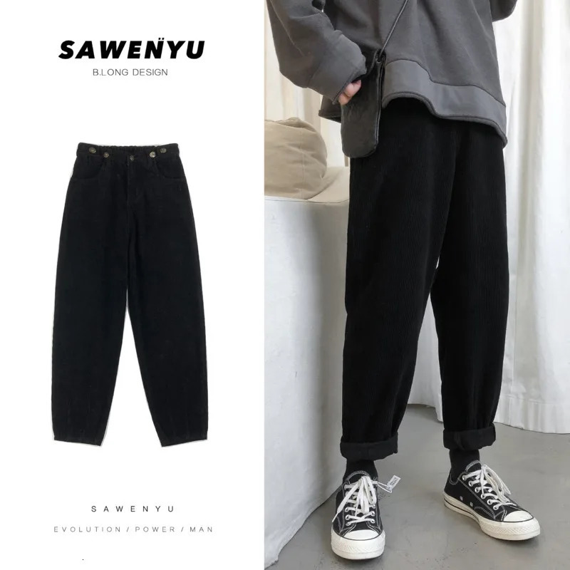 Corduroy Pants Men Fashion Retro Casual Solid Color Straight Streetwear Khaki Black Harem Mens Vintage Trousers 240806
