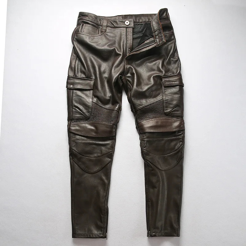 Mens Motorcycle Biker Genuine Leather Pants Real Cowhide Slim Pencil Design Men Cargo Trousers 240806