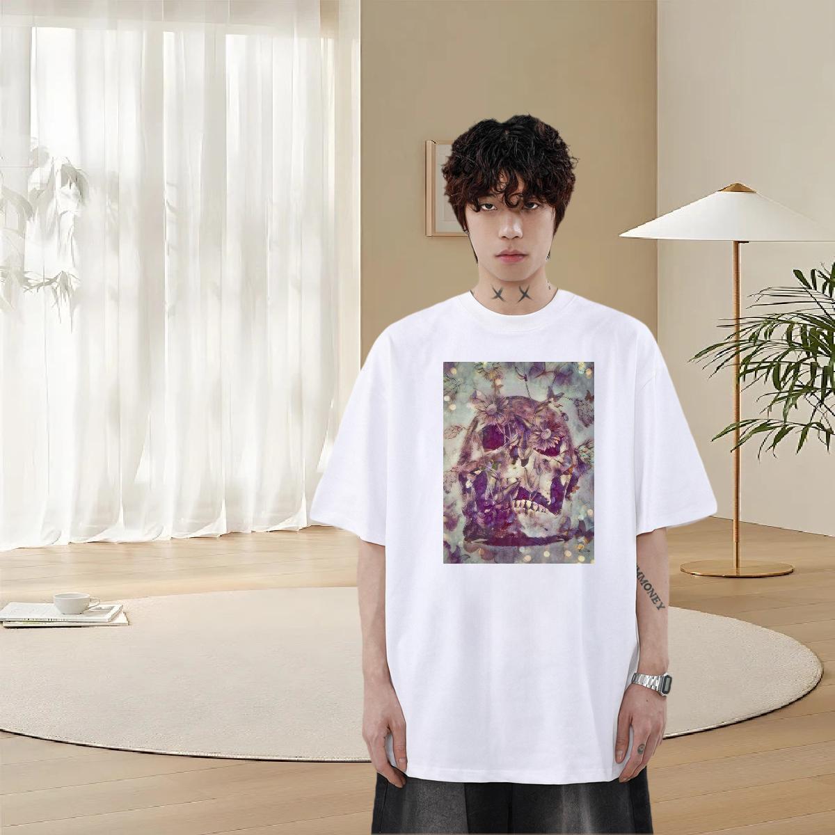 Fashion T shirt skull Top Tees 230g Pure Cotton Street Casual Loose DIY Anime Breathable Men Tees