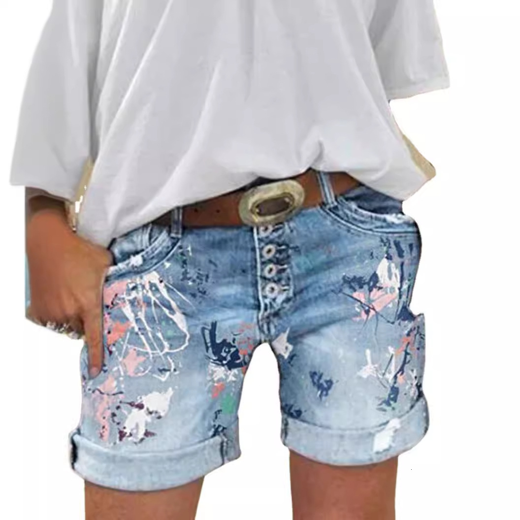 Summer new shorts, washed printed denim jeans, women's clothing