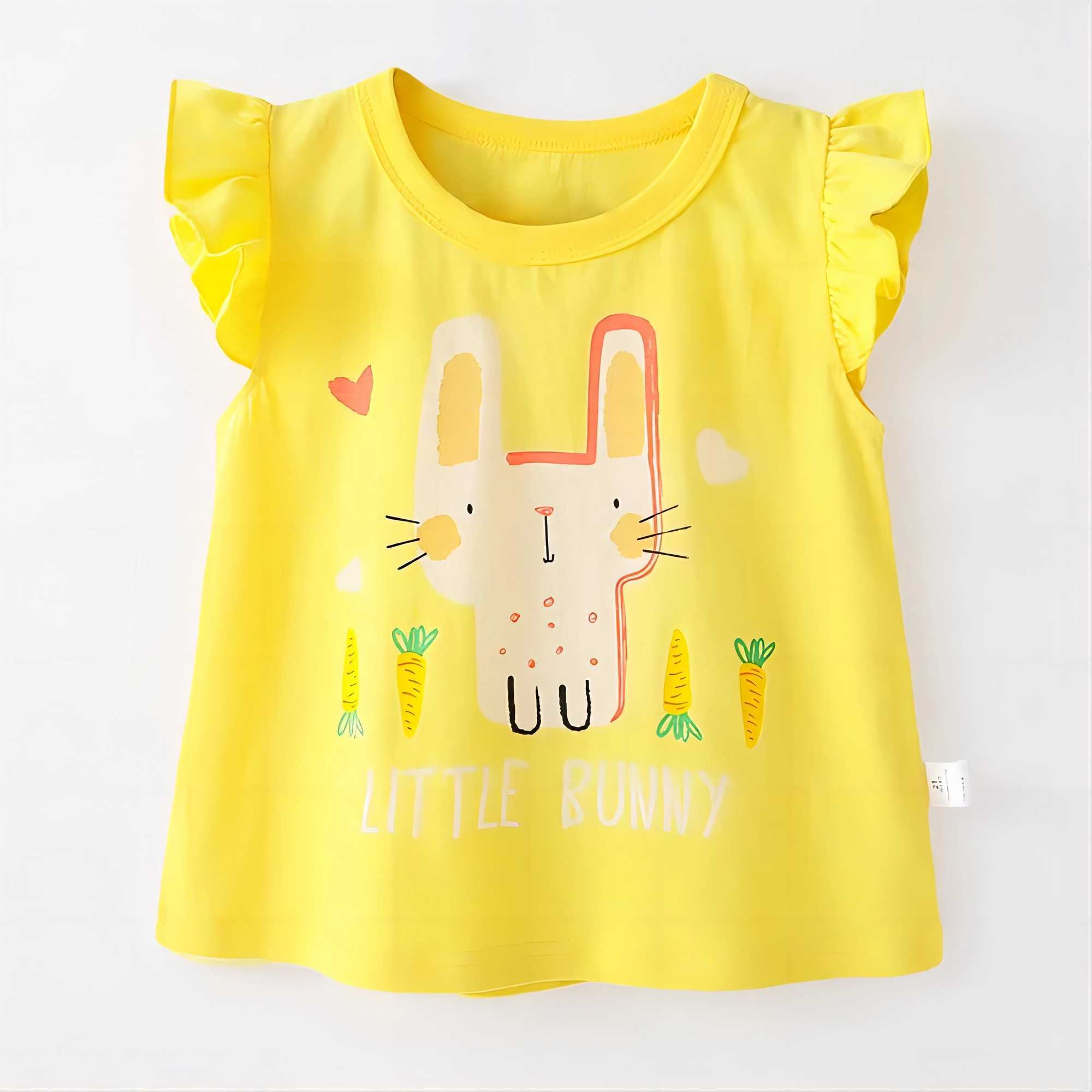 Baby girl yellow white rabbit eating carrot cartoon printed T-shirt summer short sleeved T-shirt casual and comfortableW240718